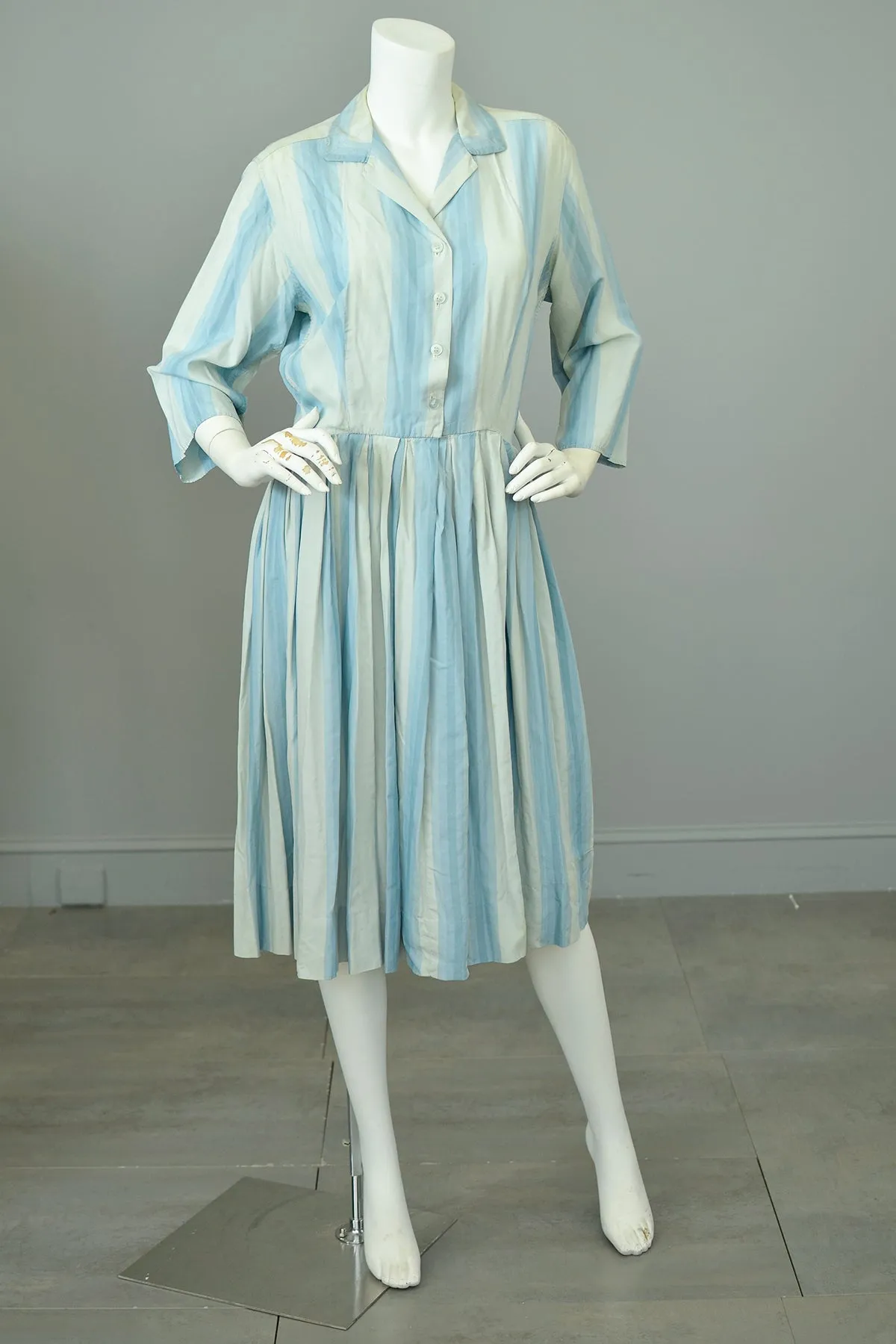 1950s 60s Sky Blue Striped Silk Shirtwaist Dress | Condition issues