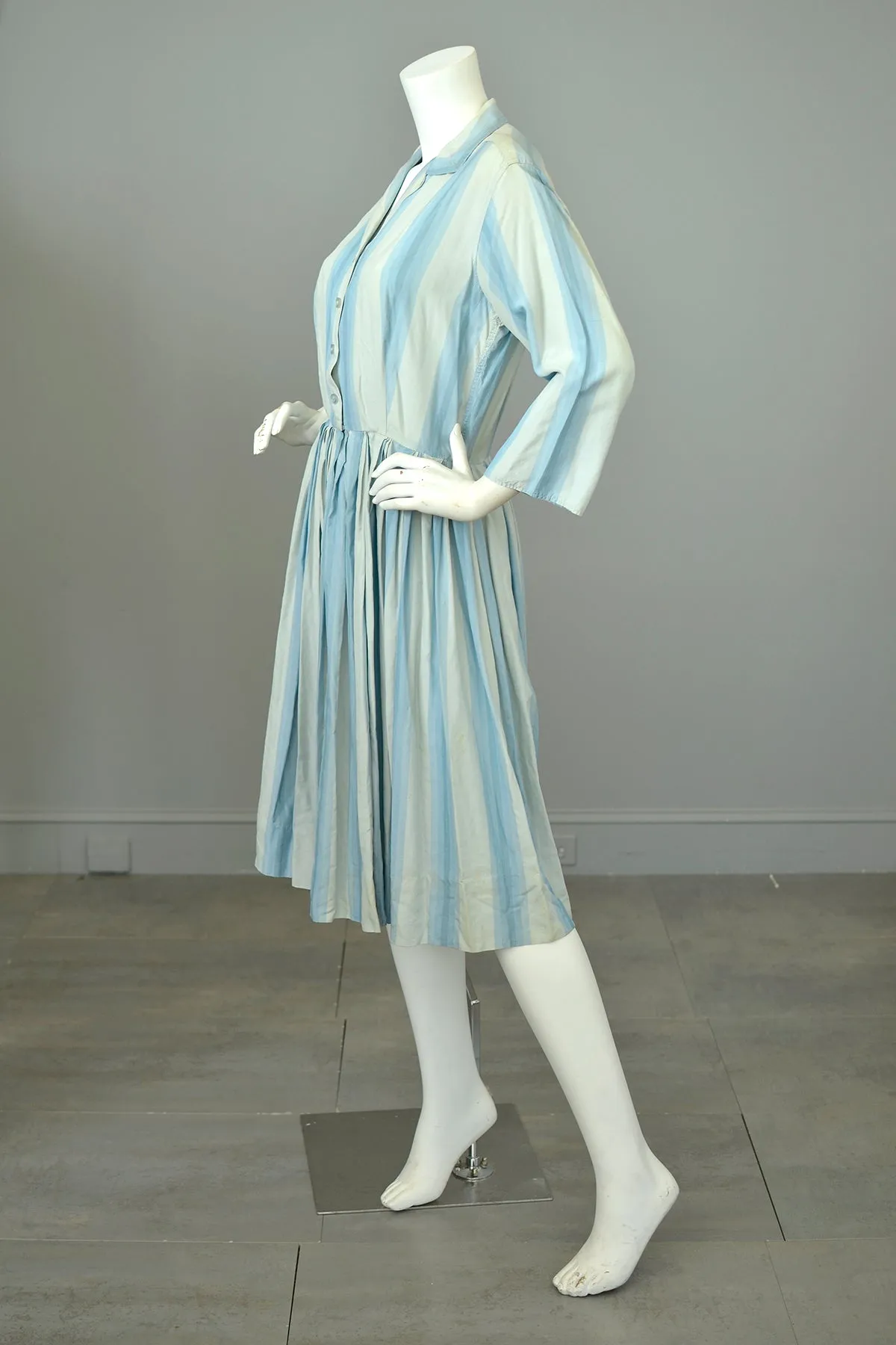 1950s 60s Sky Blue Striped Silk Shirtwaist Dress | Condition issues