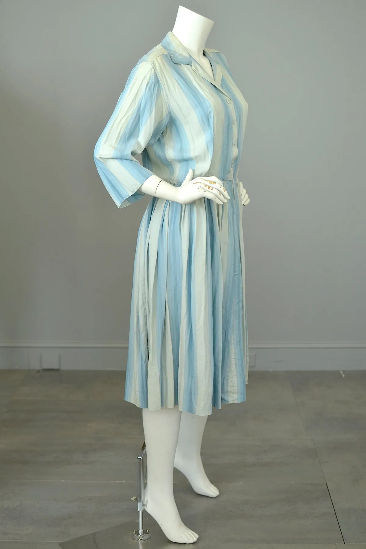 1950s 60s Sky Blue Striped Silk Shirtwaist Dress | Condition issues