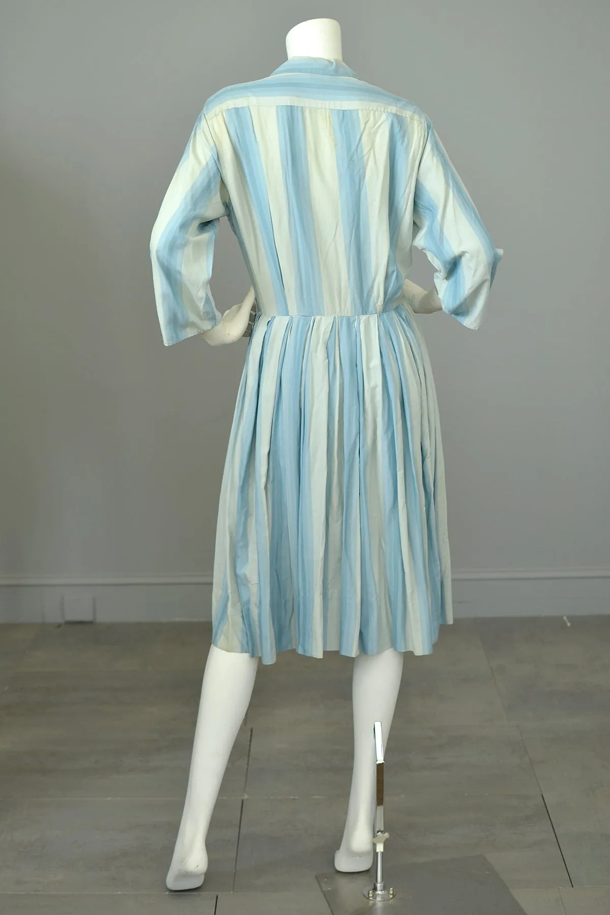 1950s 60s Sky Blue Striped Silk Shirtwaist Dress | Condition issues