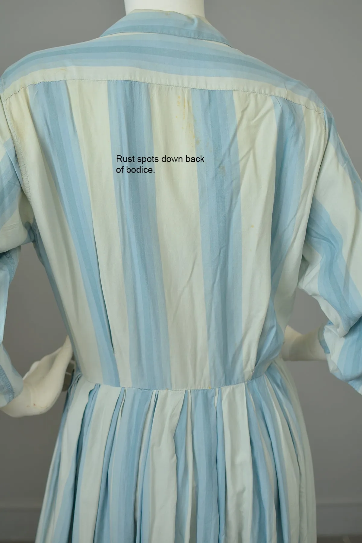 1950s 60s Sky Blue Striped Silk Shirtwaist Dress | Condition issues