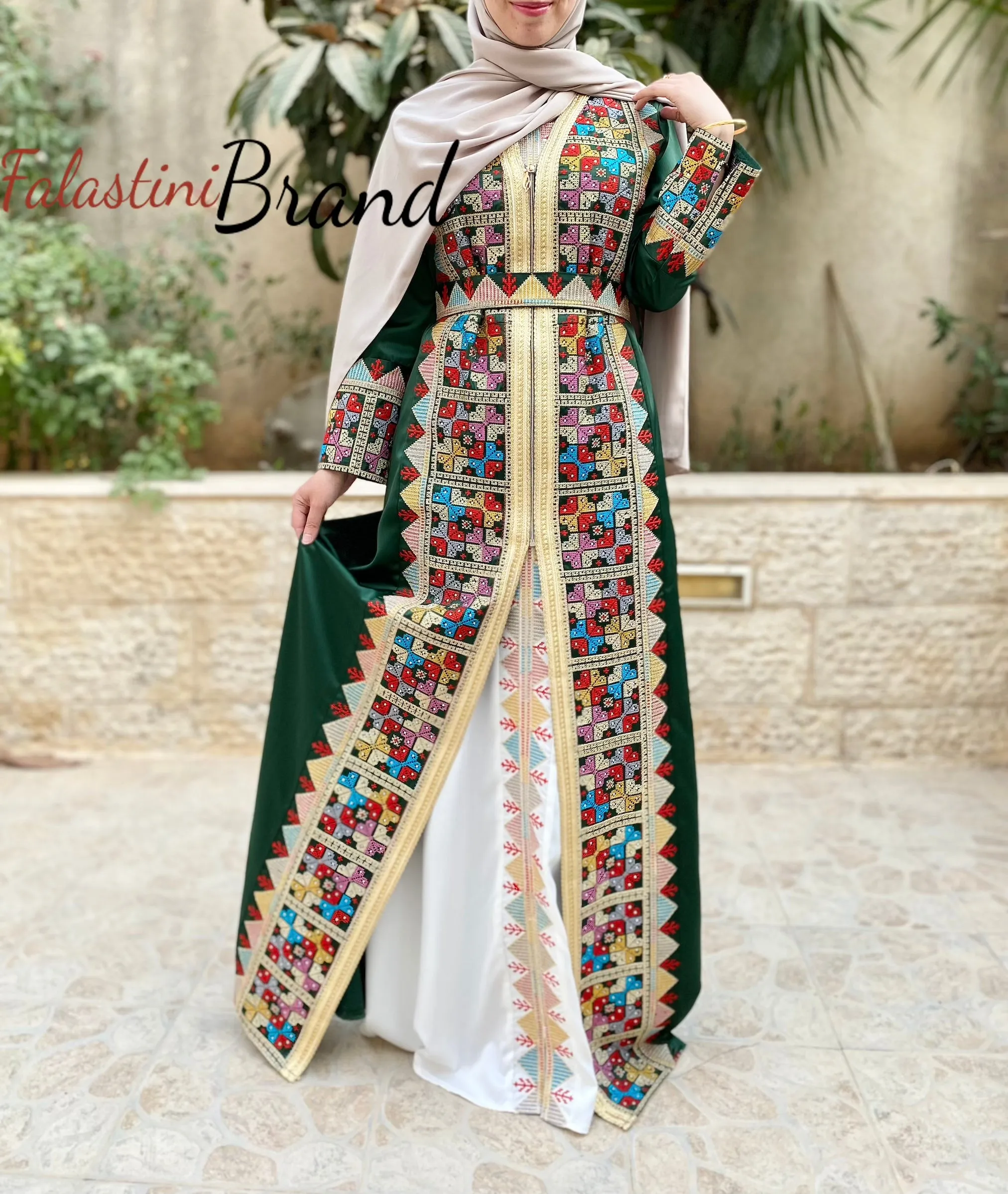 2 Pieces Moroccan Like Kaftan Dress with Palestinian Embroidery