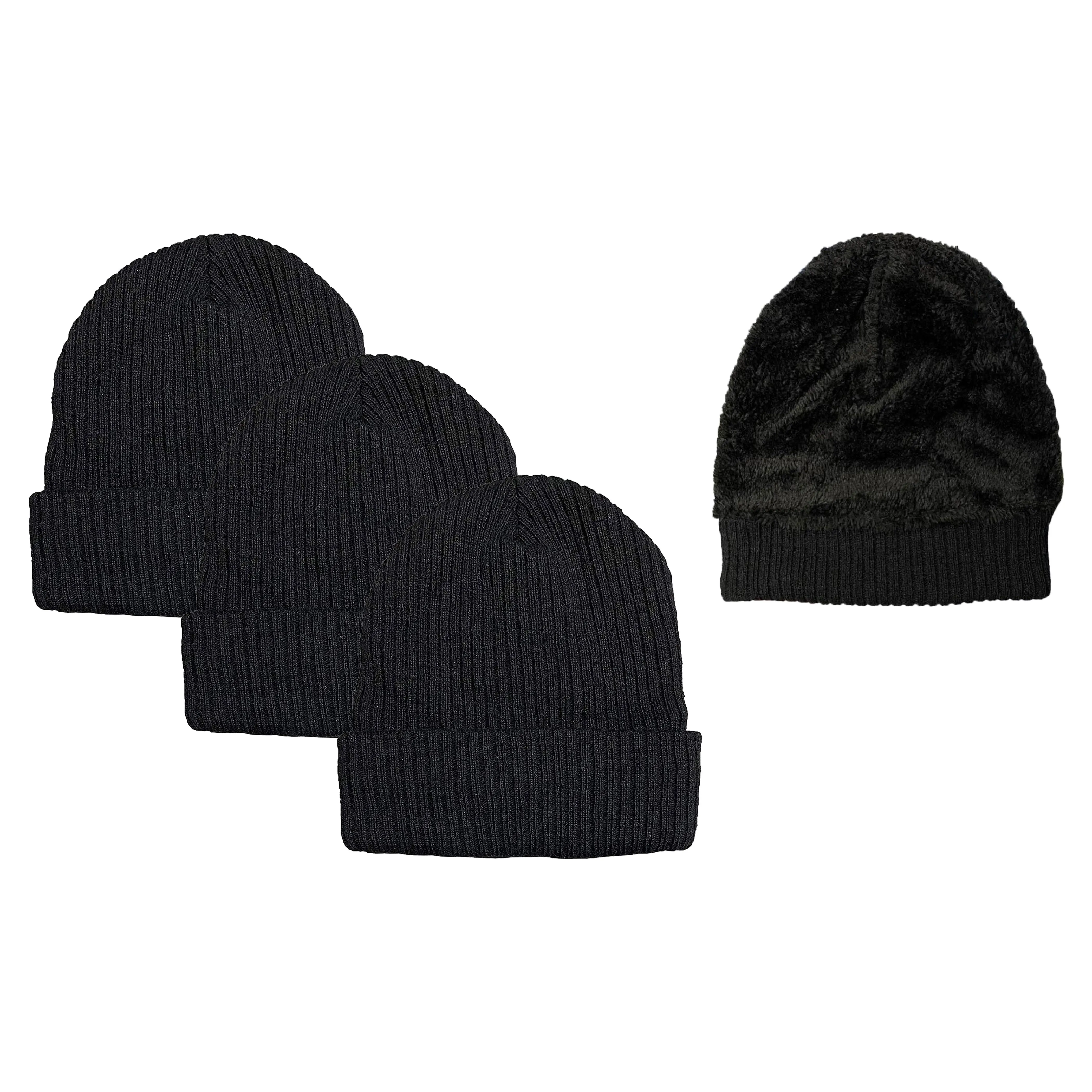 3-Pack: Unisex Black Sherpa Fleece-Lined Ribbed Beanie Hat