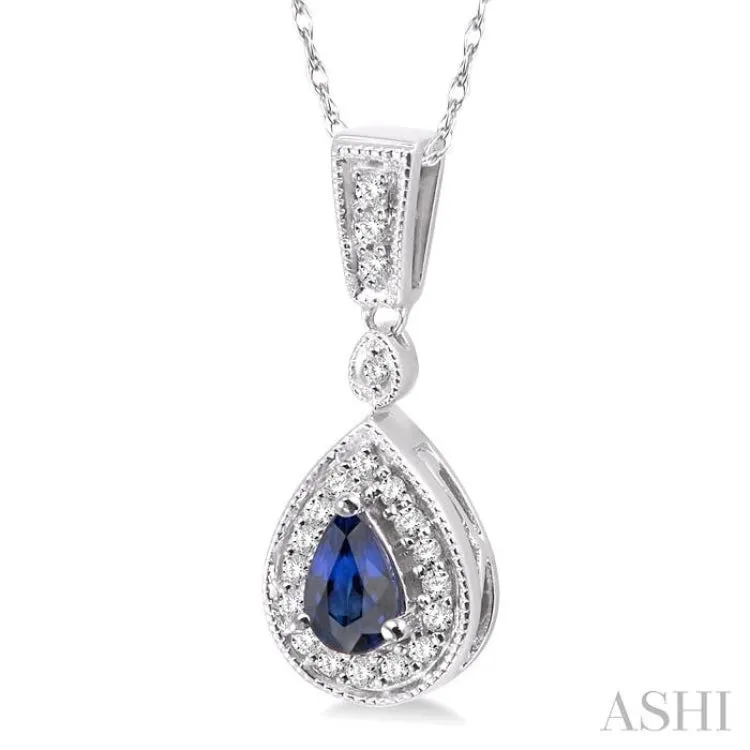 6x4mm Pear Shape Sapphire and 1/6 Ctw Round Cut Diamond Pendant in 14K White Gold with Chain