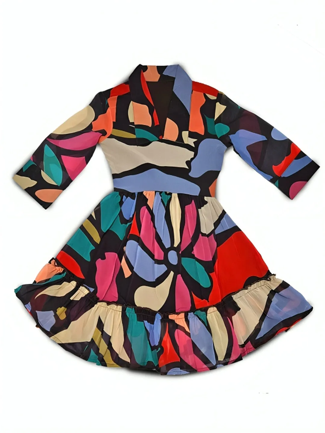 Abstract Printed Shirt Collar Fit & Flare Dress