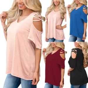 Bear Shoulder Straps V-neck Pure Color Loose T-shirt