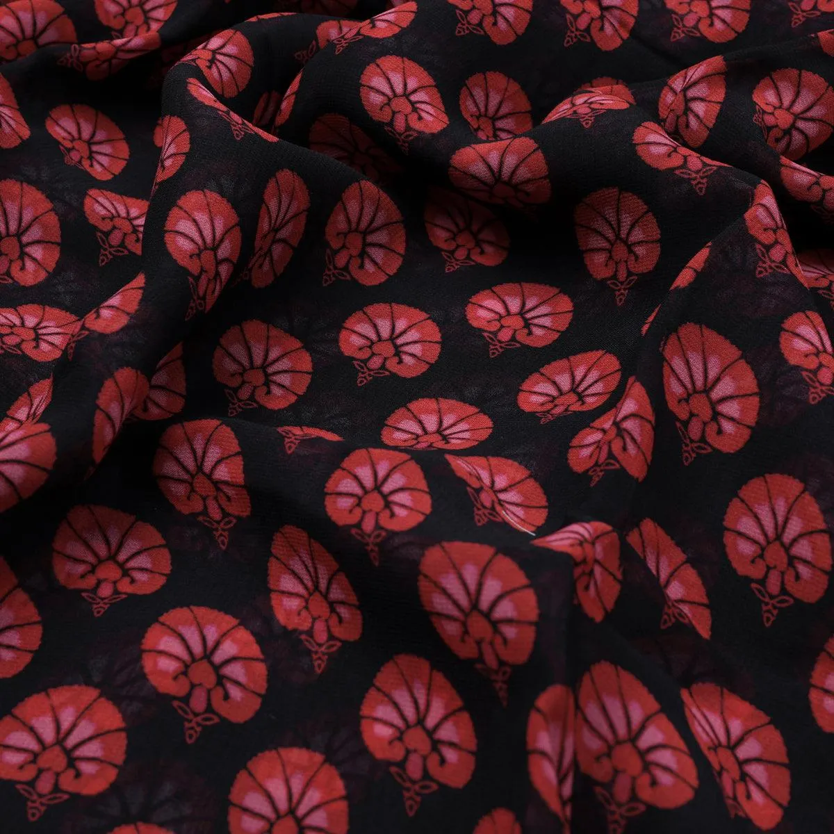 Beautiful Red Floral Over Dark Blue Base Printed Fabric