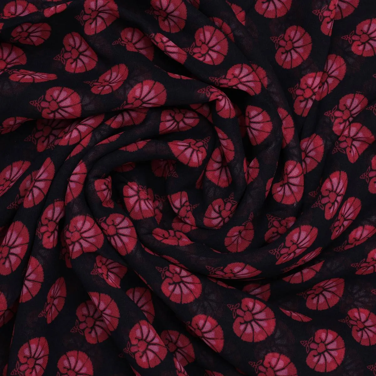 Beautiful Red Floral Over Dark Blue Base Printed Fabric