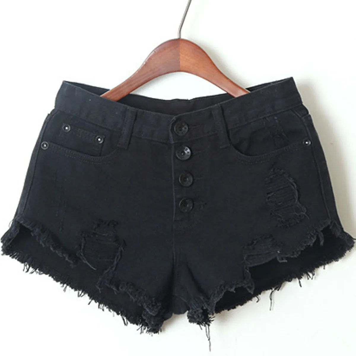 Begger Style Denim Pure Color Hole High Waist Loose Shorts