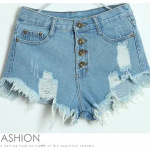 Begger Style Denim Pure Color Hole High Waist Loose Shorts