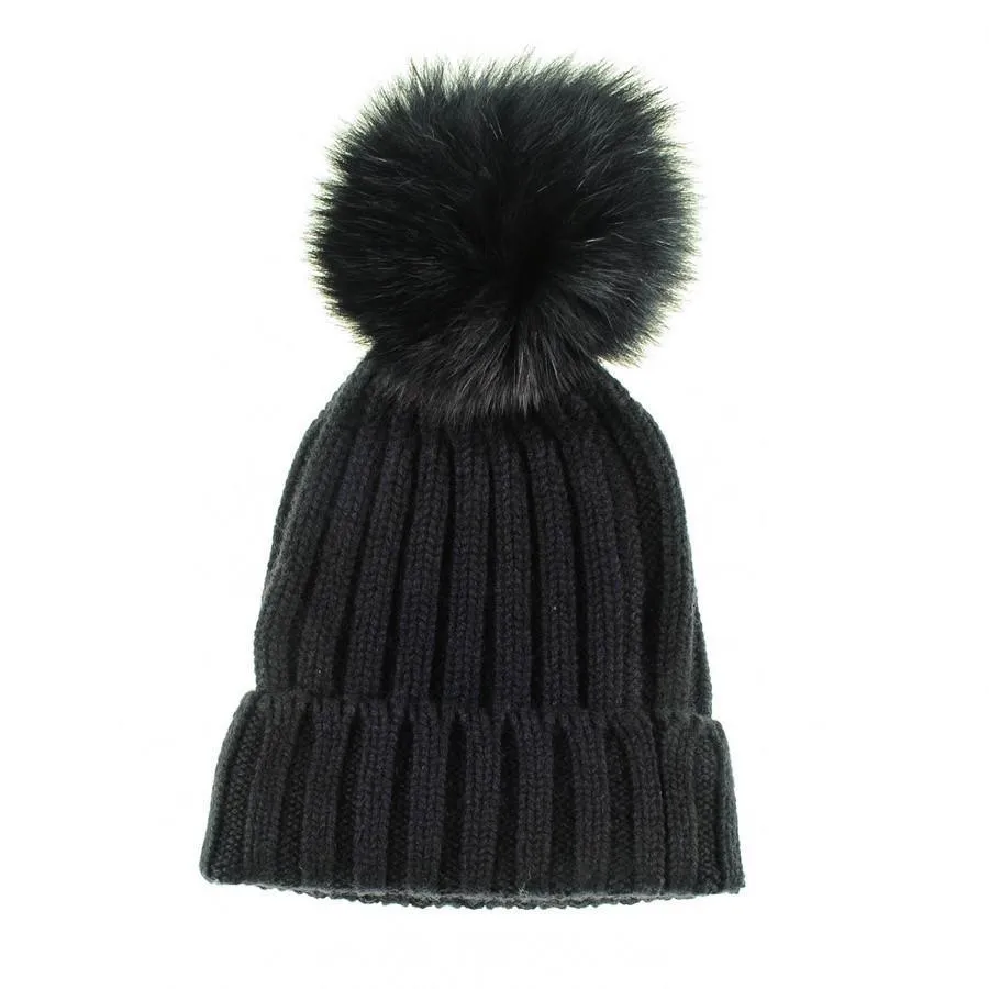 Black Cashmere Fur Pom Pom Hat