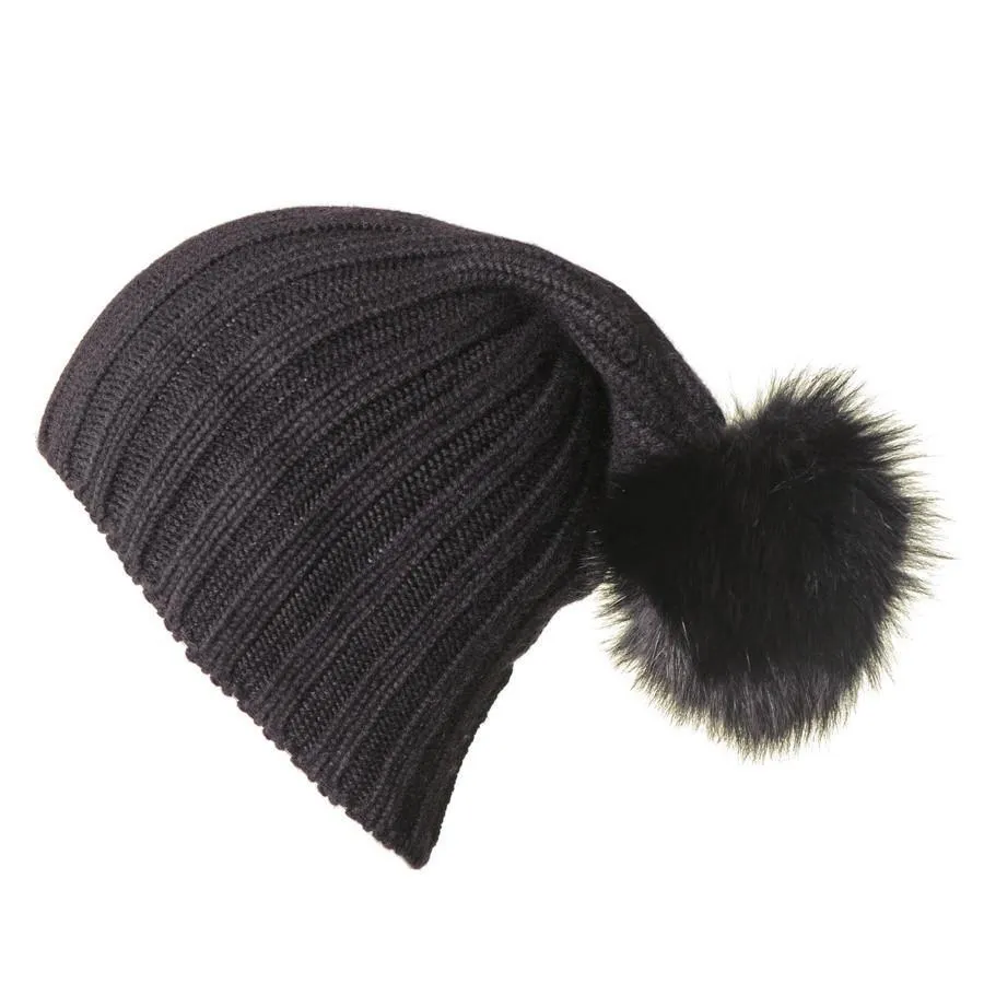 Black Cashmere Fur Pom Pom Hat