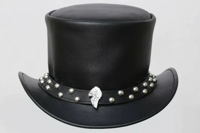 Black Indian Head Stutt Band Black Leather Native American Top Hat Western