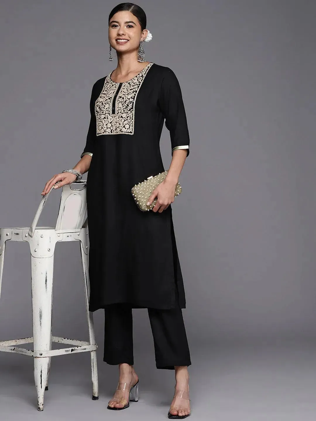 Black Yoke Design Wool Straight Kurta