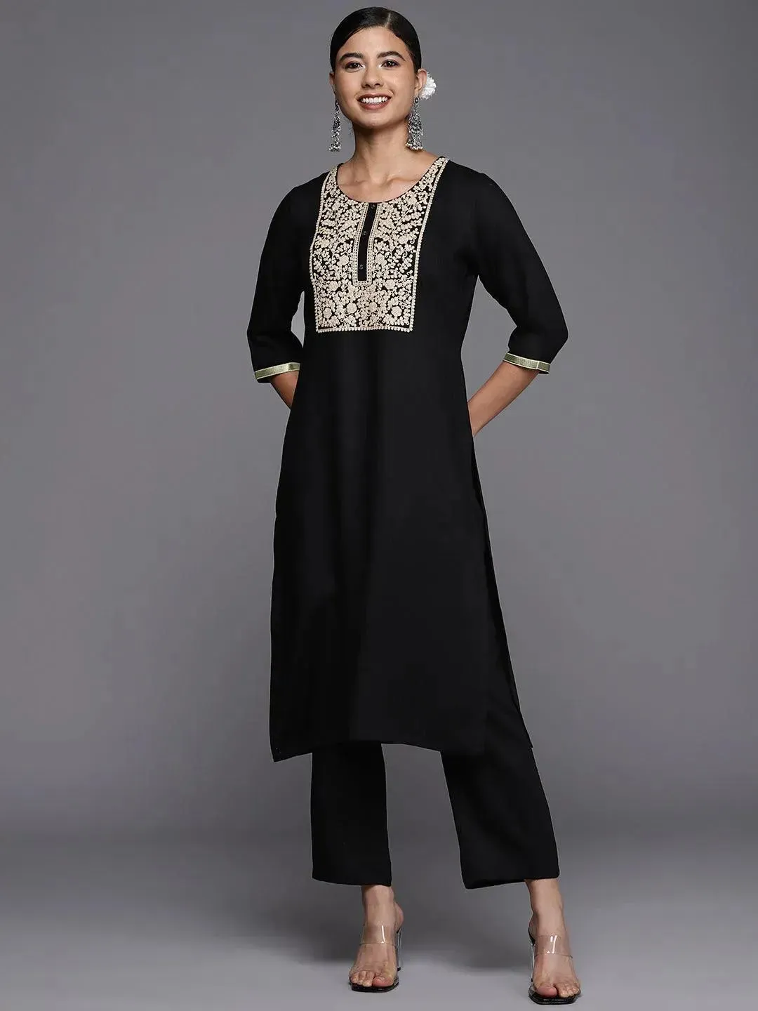 Black Yoke Design Wool Straight Kurta