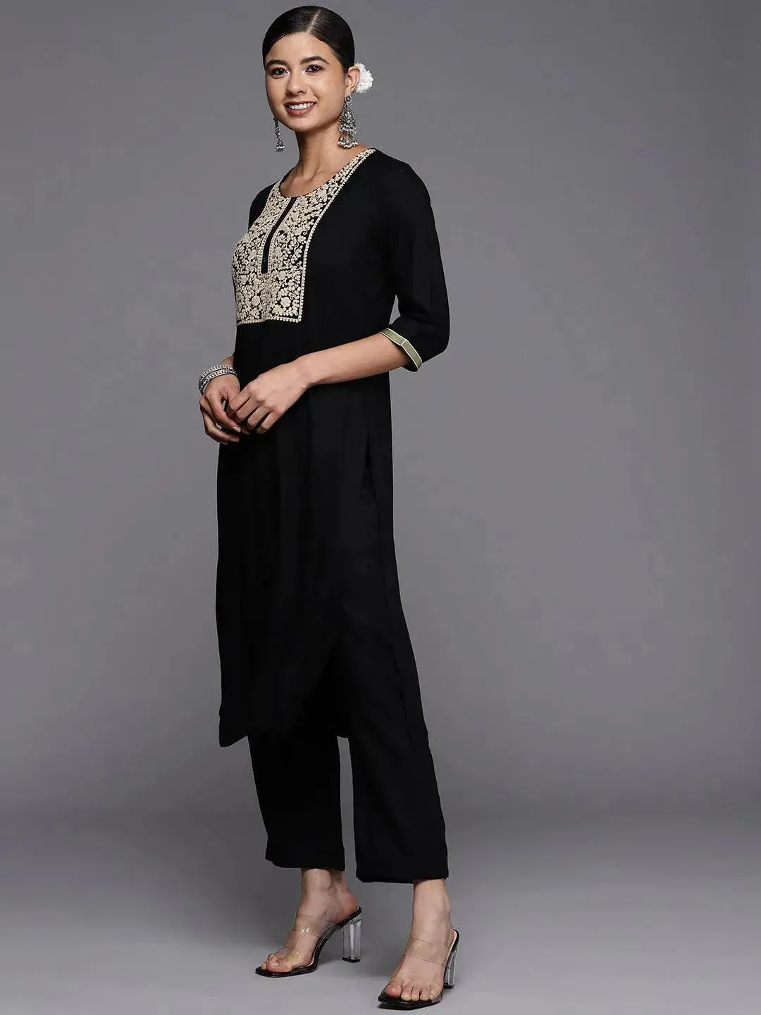 Black Yoke Design Wool Straight Kurta