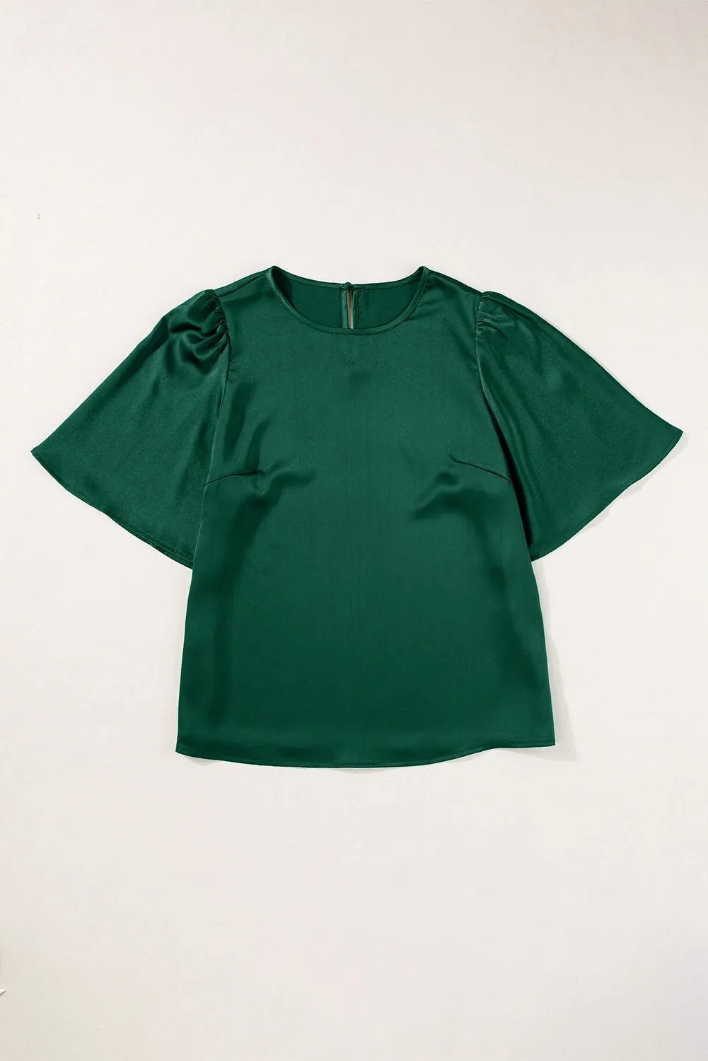 Blackish Green Solid Color Keyhole Back Puff Sleeve Blouse