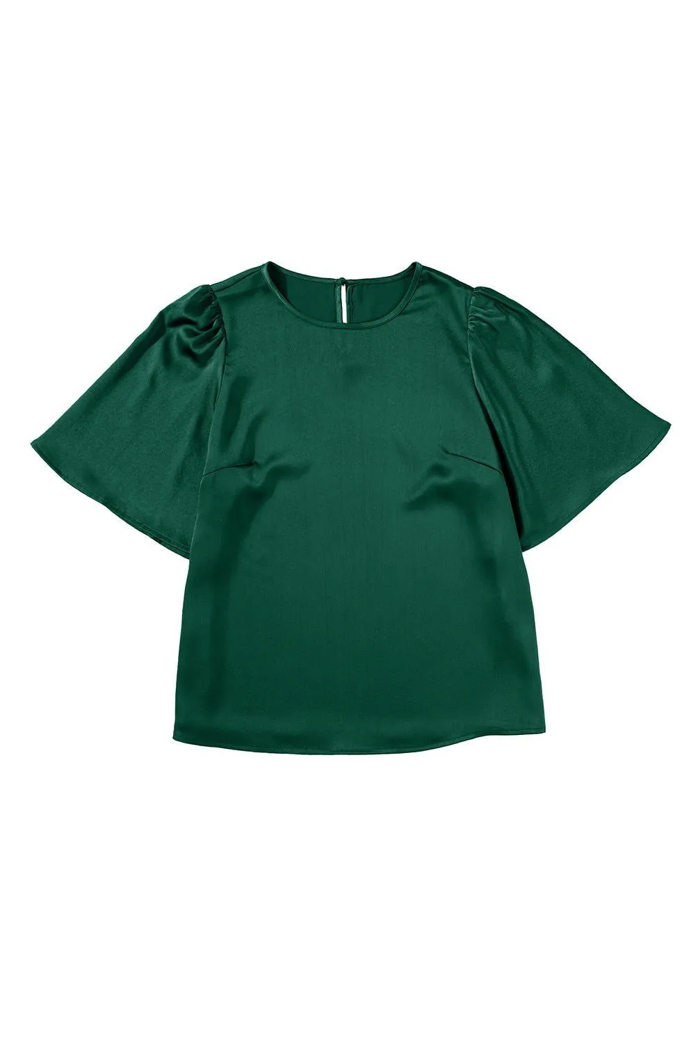 Blackish Green Solid Color Keyhole Back Puff Sleeve Blouse