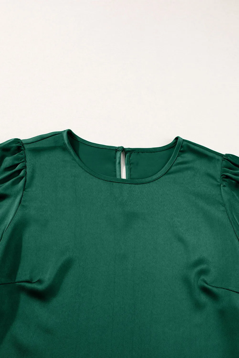 Blackish Green Solid Color Keyhole Back Puff Sleeve Blouse