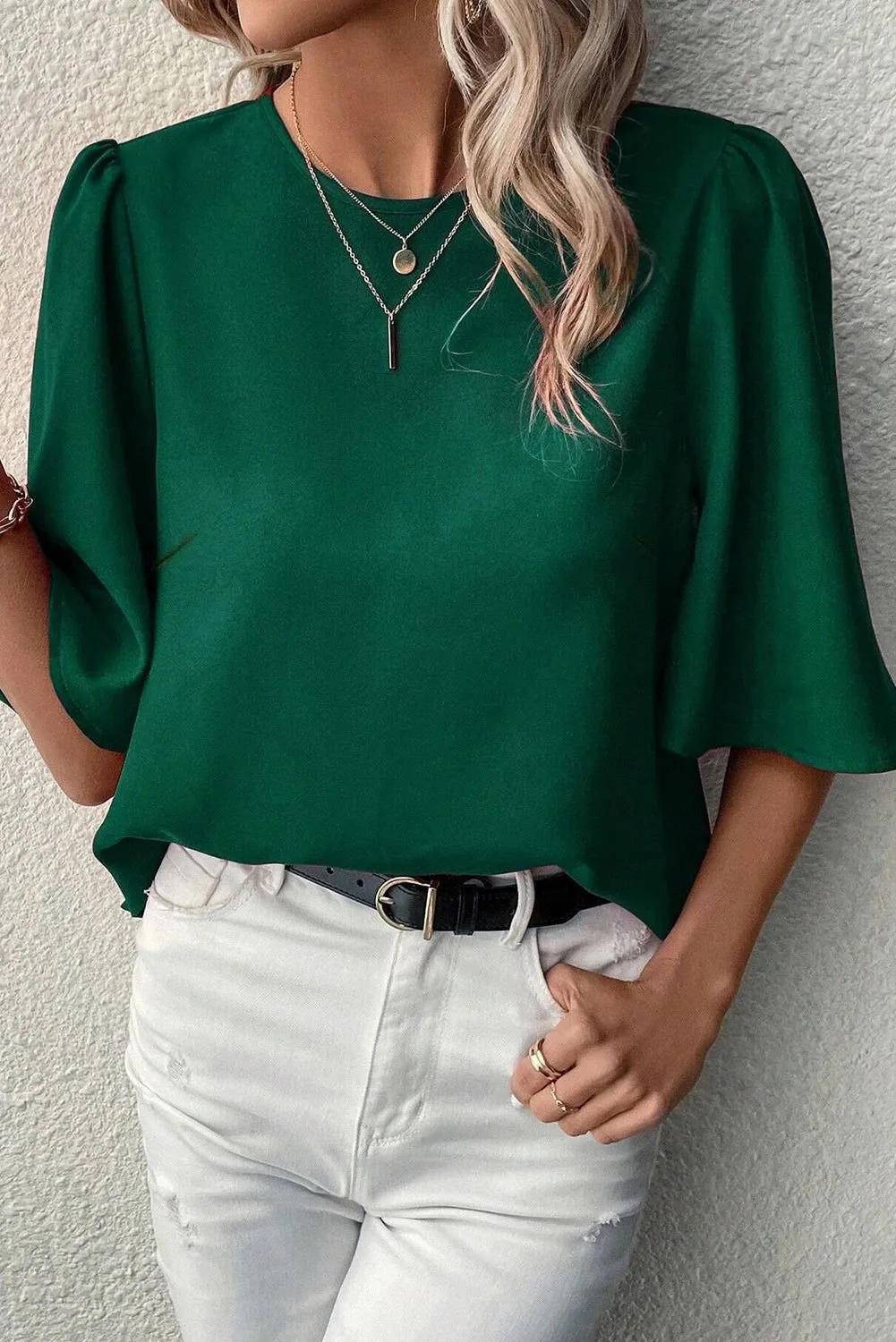 Blackish Green Solid Color Keyhole Back Puff Sleeve Blouse