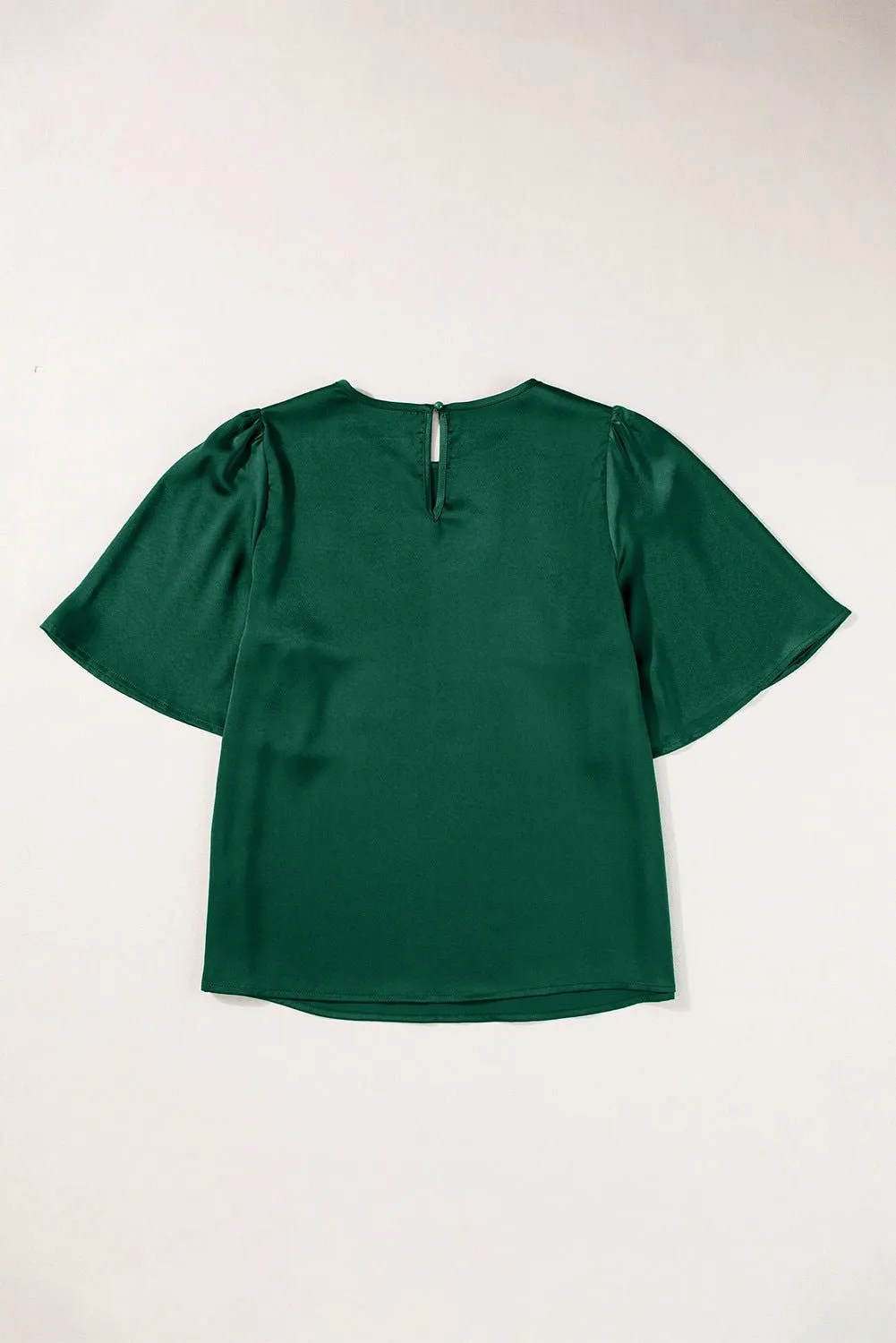 Blackish Green Solid Color Keyhole Back Puff Sleeve Blouse