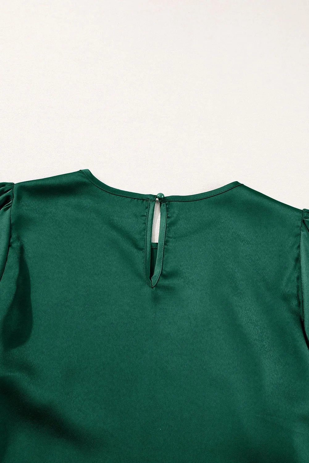 Blackish Green Solid Color Keyhole Back Puff Sleeve Blouse