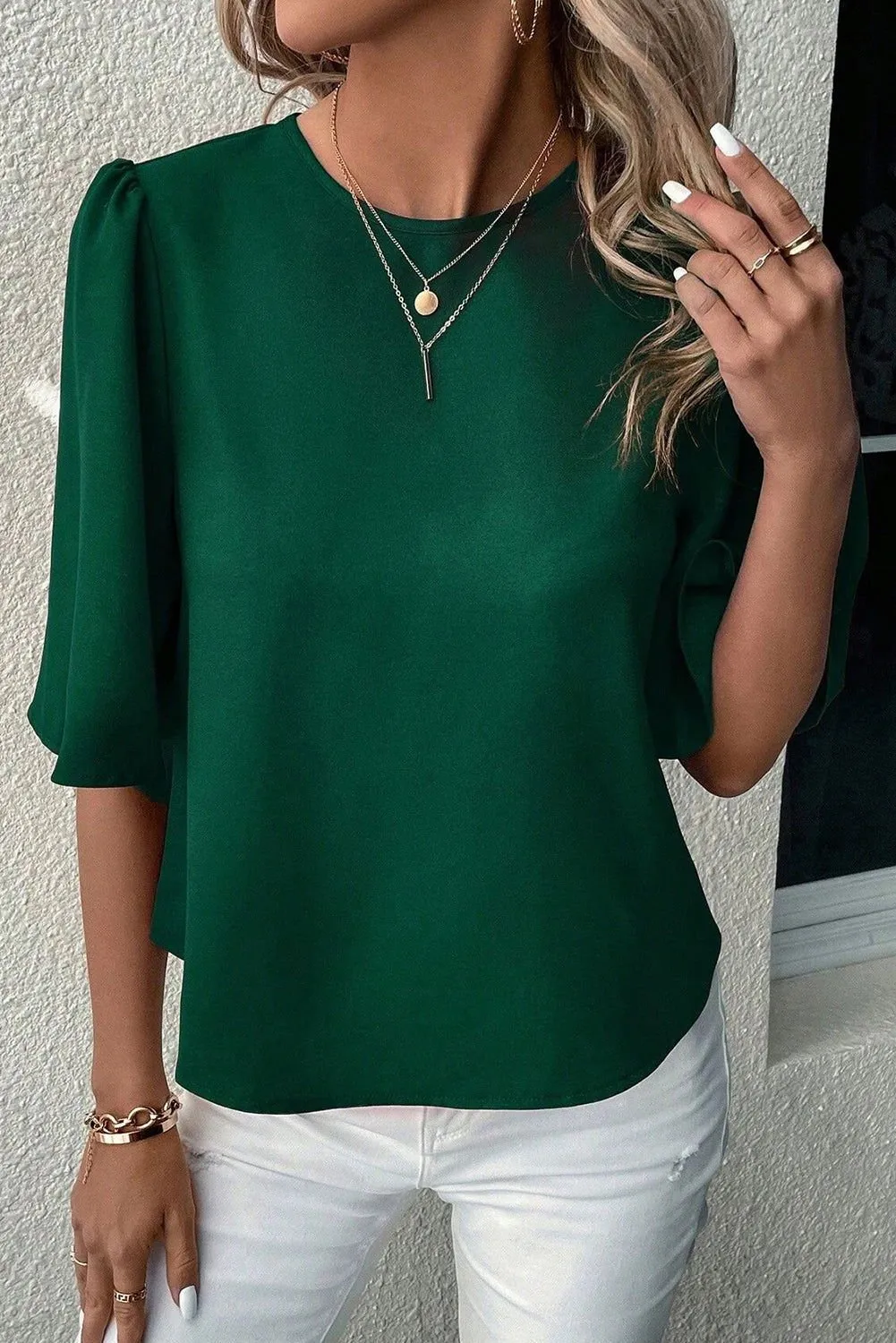 Blackish Green Solid Color Keyhole Back Puff Sleeve Blouse