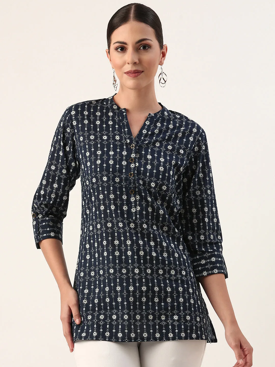 Blue Mandarin Collar Floral Print Cotton Tunic