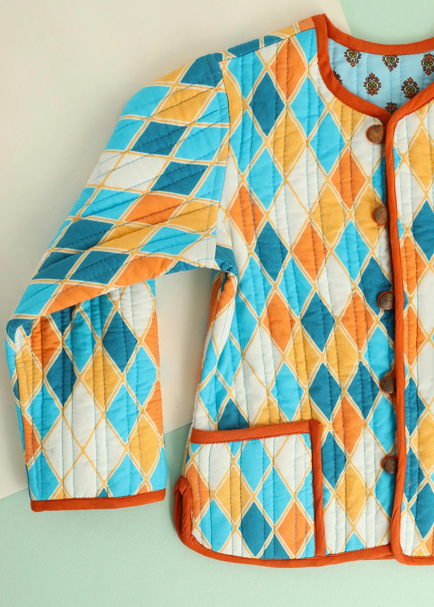 Blue Rhombus Quilted Cotton Reversible Coat Unisex (0-7 Years)