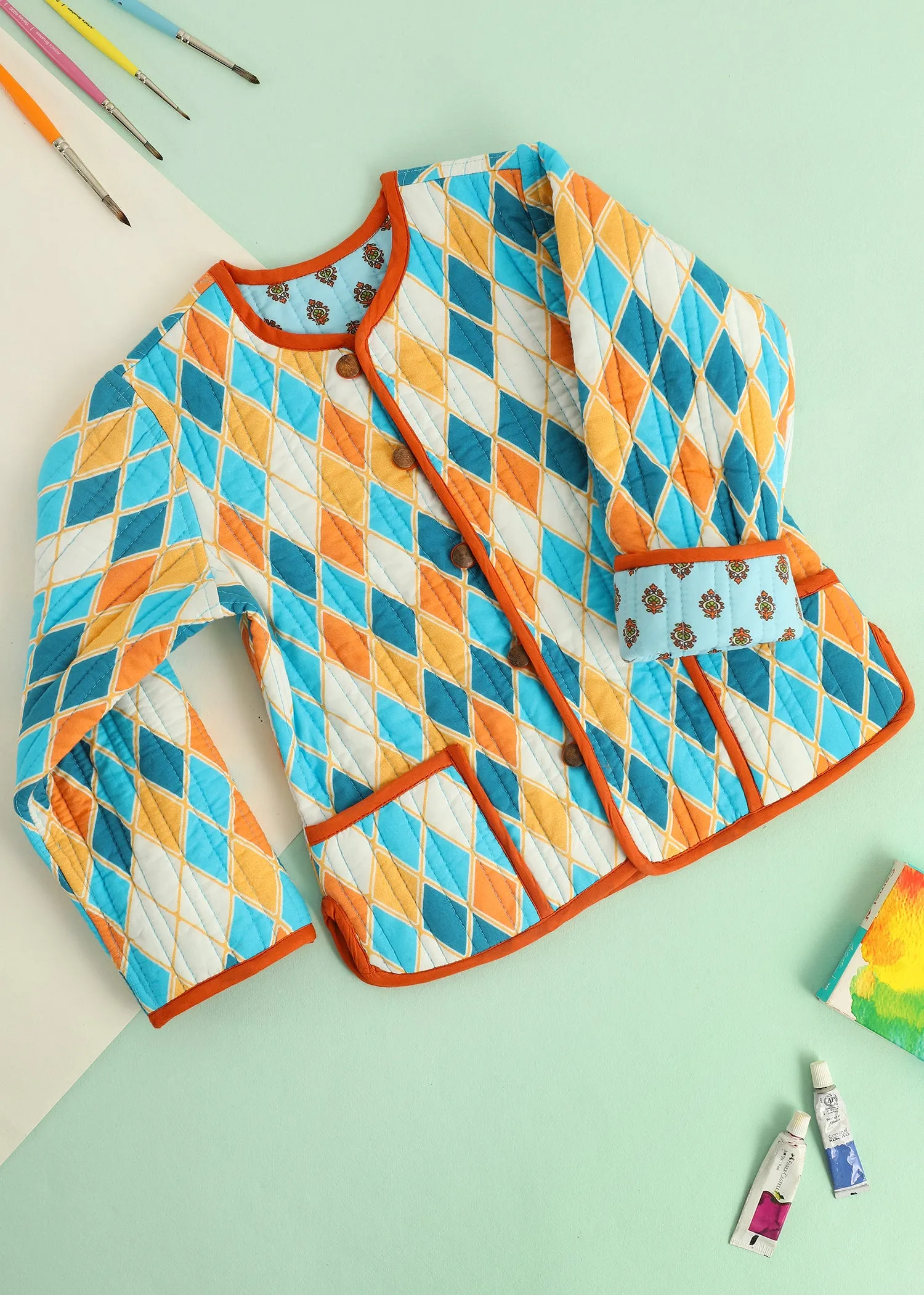 Blue Rhombus Quilted Cotton Reversible Coat Unisex (0-7 Years)