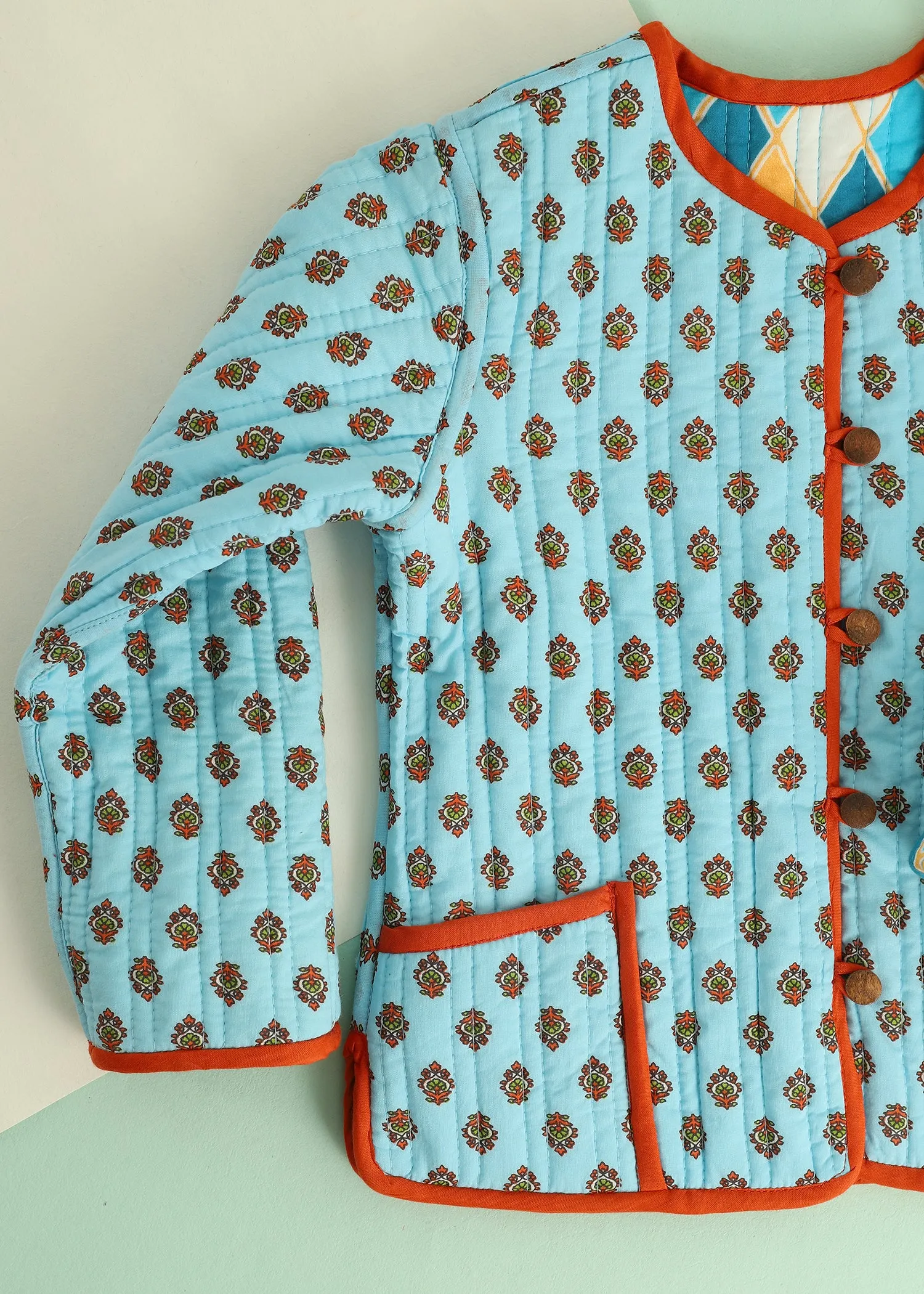 Blue Rhombus Quilted Cotton Reversible Coat Unisex (0-7 Years)