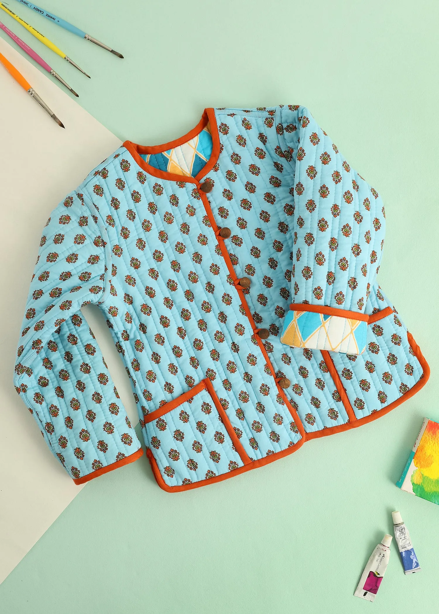 Blue Rhombus Quilted Cotton Reversible Coat Unisex (0-7 Years)