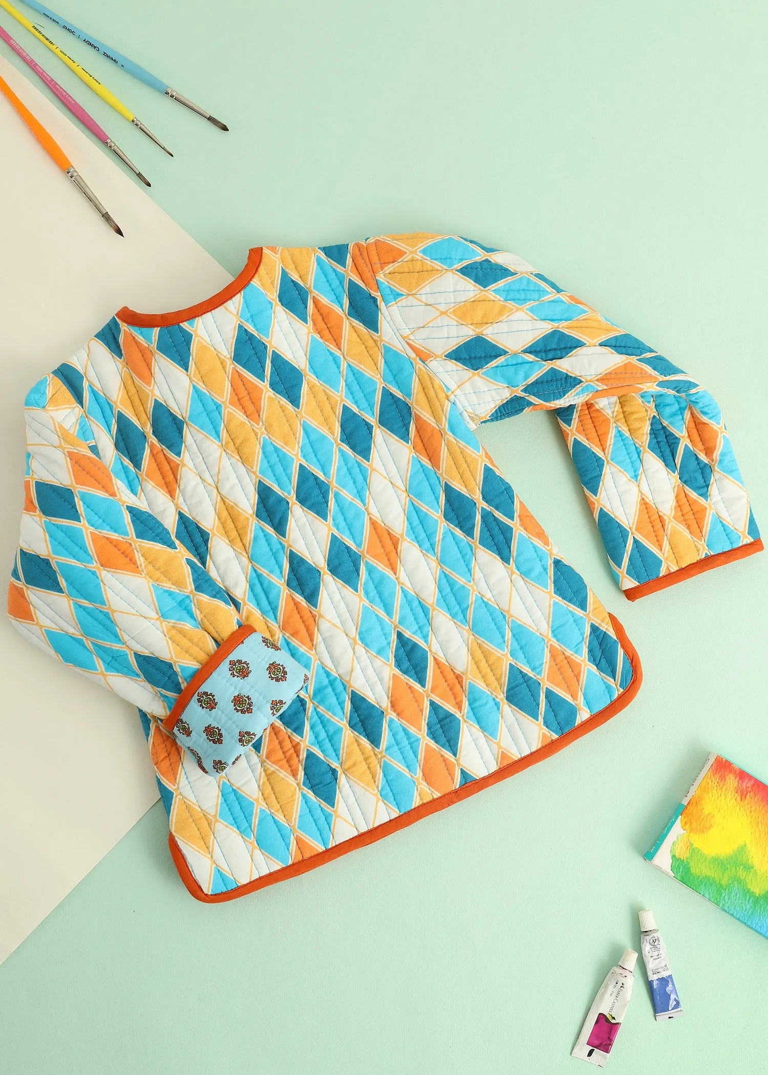 Blue Rhombus Quilted Cotton Reversible Coat Unisex (0-7 Years)