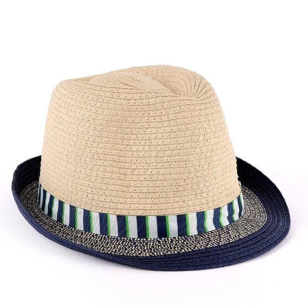 BOYS NAVY BLUE STRIPED TAPE FEDORA HAT