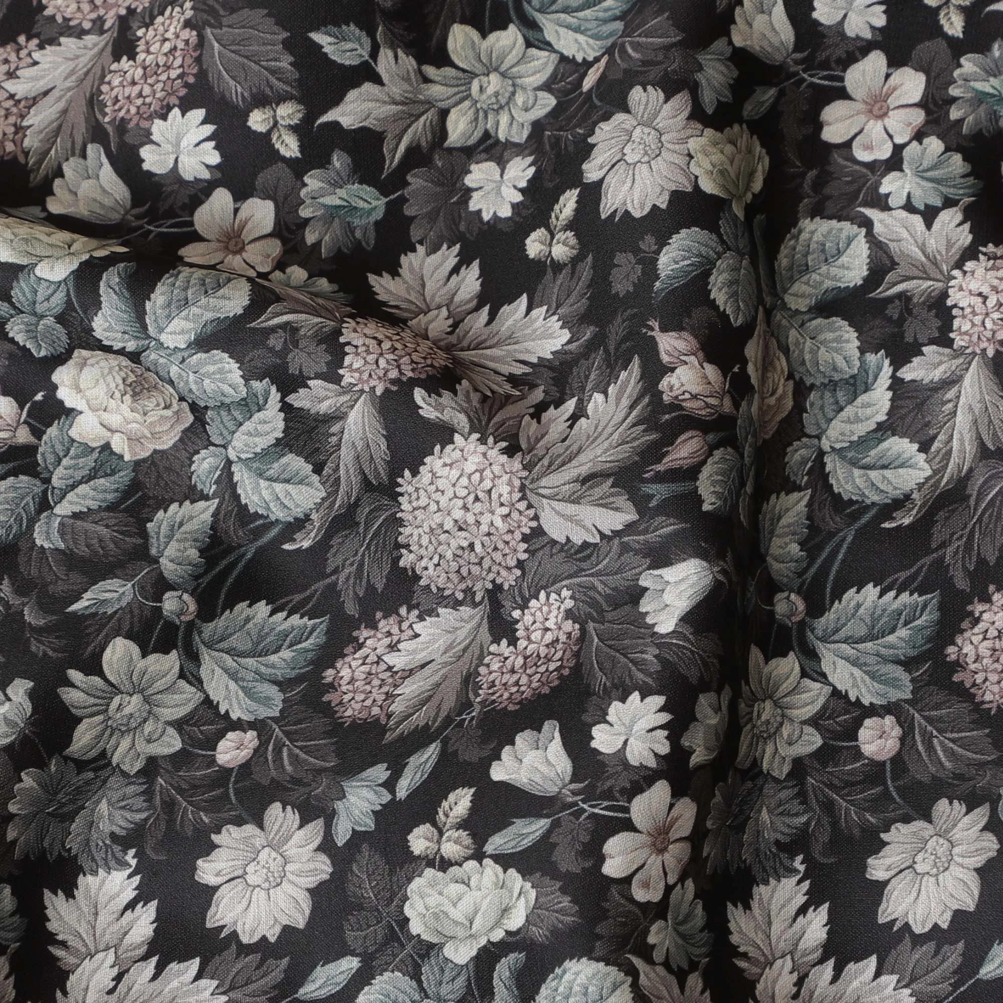 Charcoal Grey Blended Cotton Lawn Fabric - Floral Print in Soft White and Green, 140 cms Width-D19169