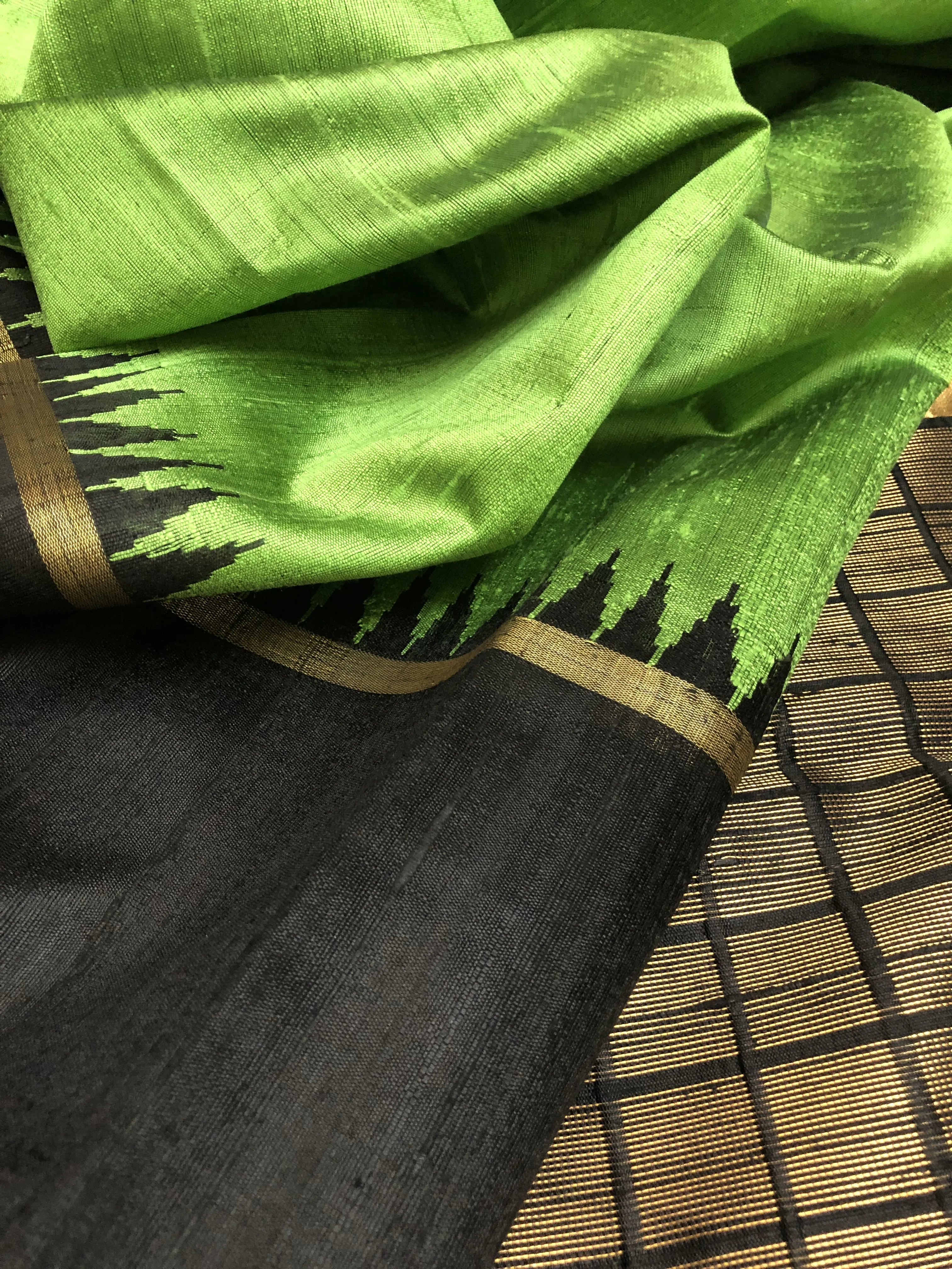 Chartreuse Green and Black Color Raw Silk Saree