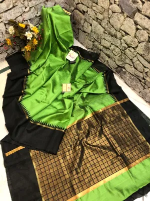 Chartreuse Green and Black Color Raw Silk Saree