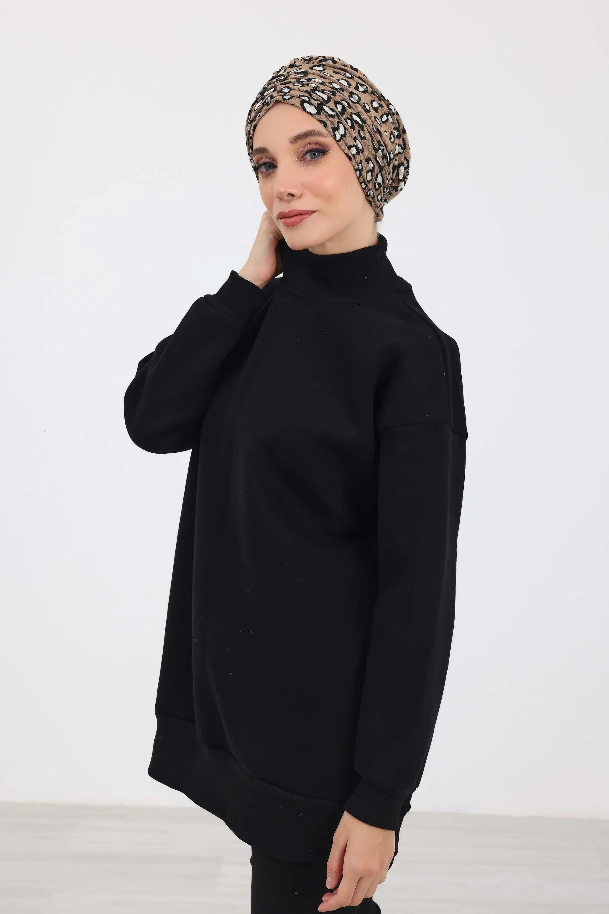 Chic Shirred Winter Turban Bonnet with Houndstooth & Leopard Prints, Cozy Patterned Winter Headwrap made from High Quality Fabric,B-13DIV