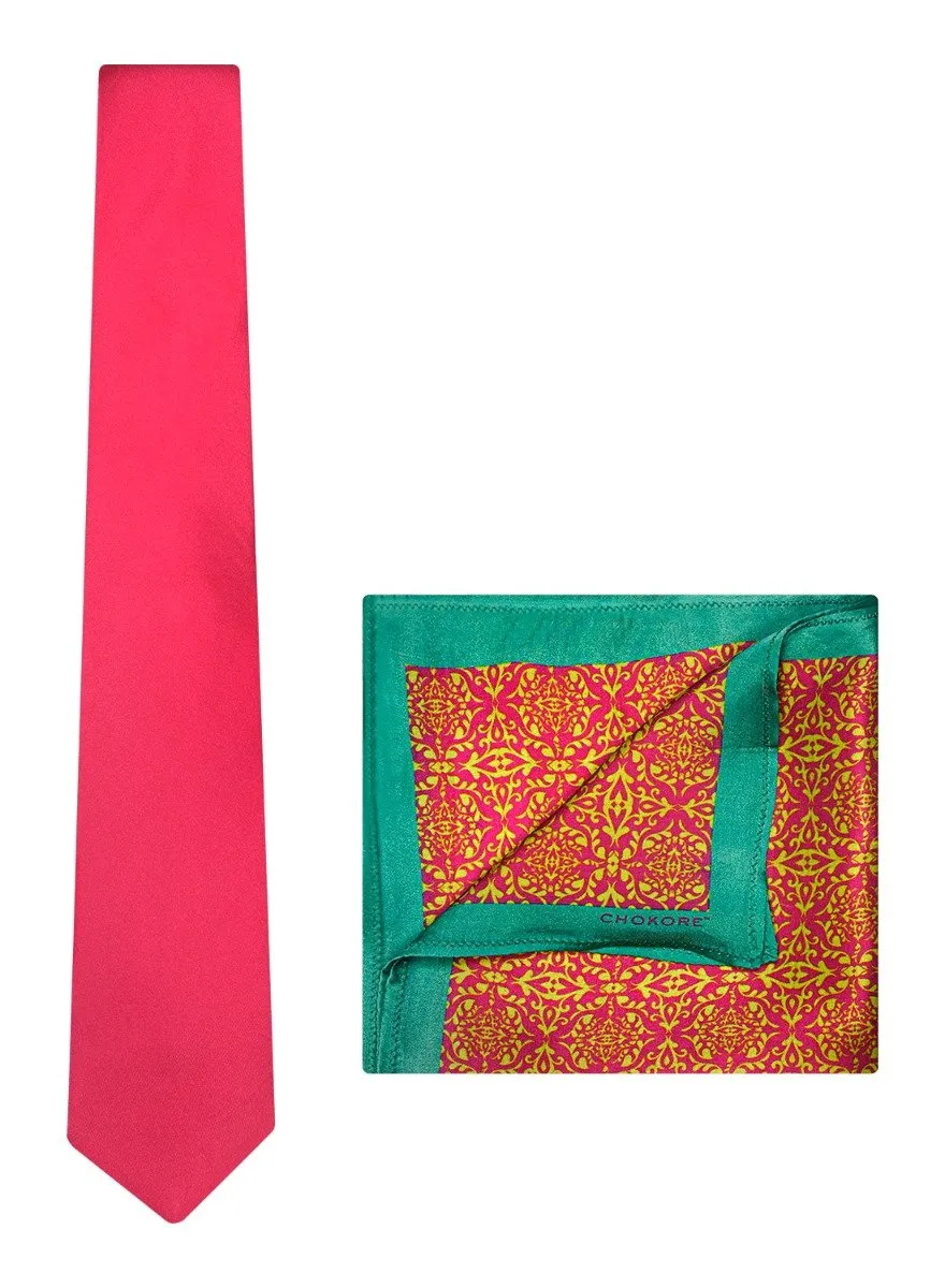 Chokore Plain Pink color silk tie & Indian at Heart design Light Sea Green & Pink color Satin Silk Pocket Square set