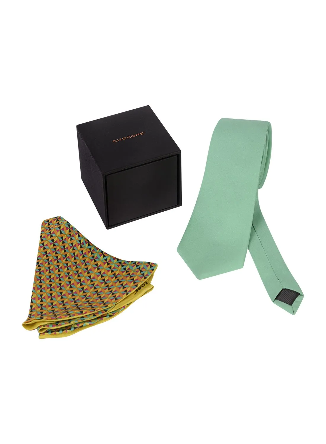 Chokore Sea Green color Silk Tie & Double-sided Sea Green & Lemon Green Silk Pocket Circle set