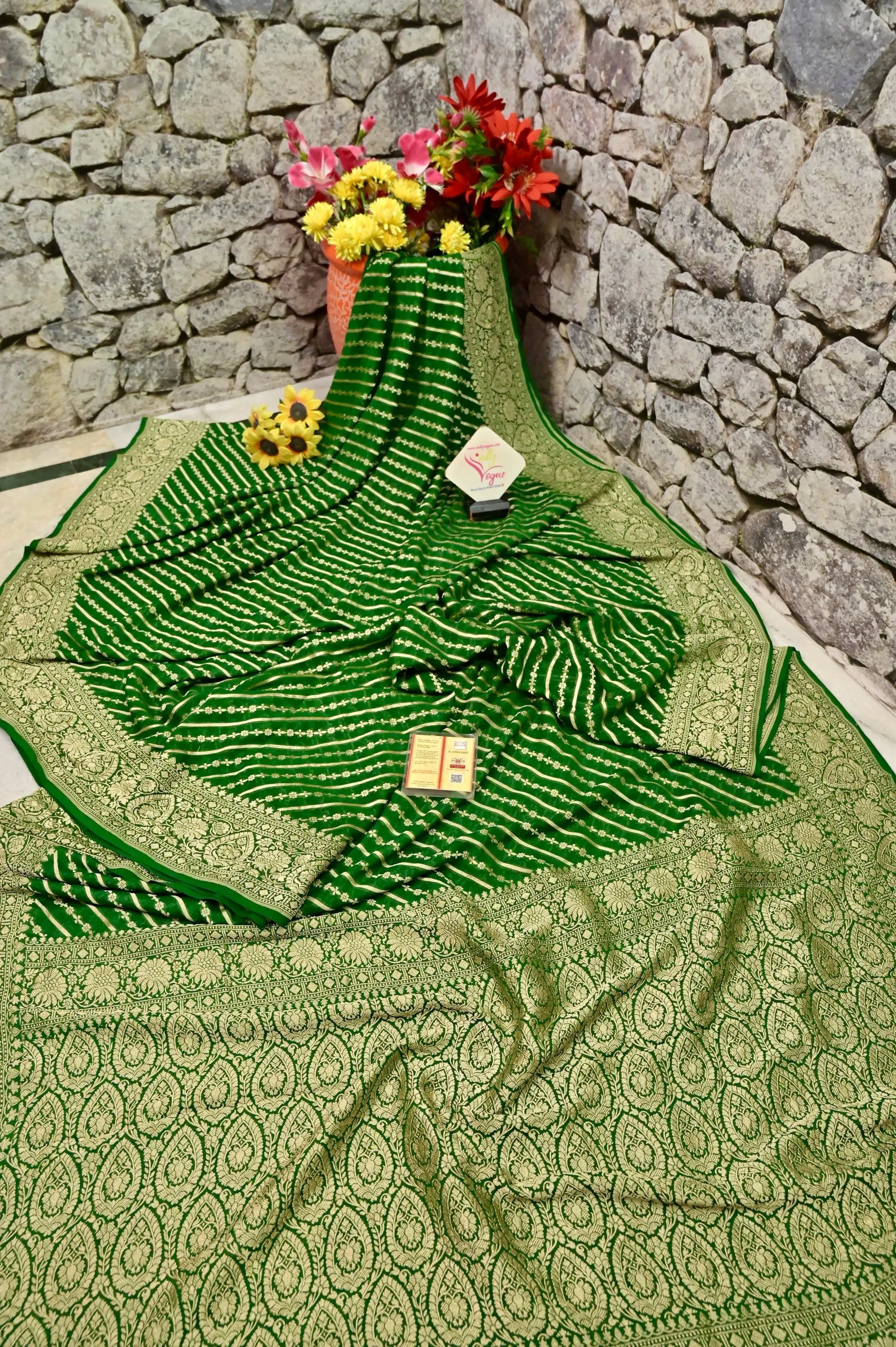 Deep Green Color Pure Khaddi Georgette Banarasi Saree with Leheriya Design Zari Work