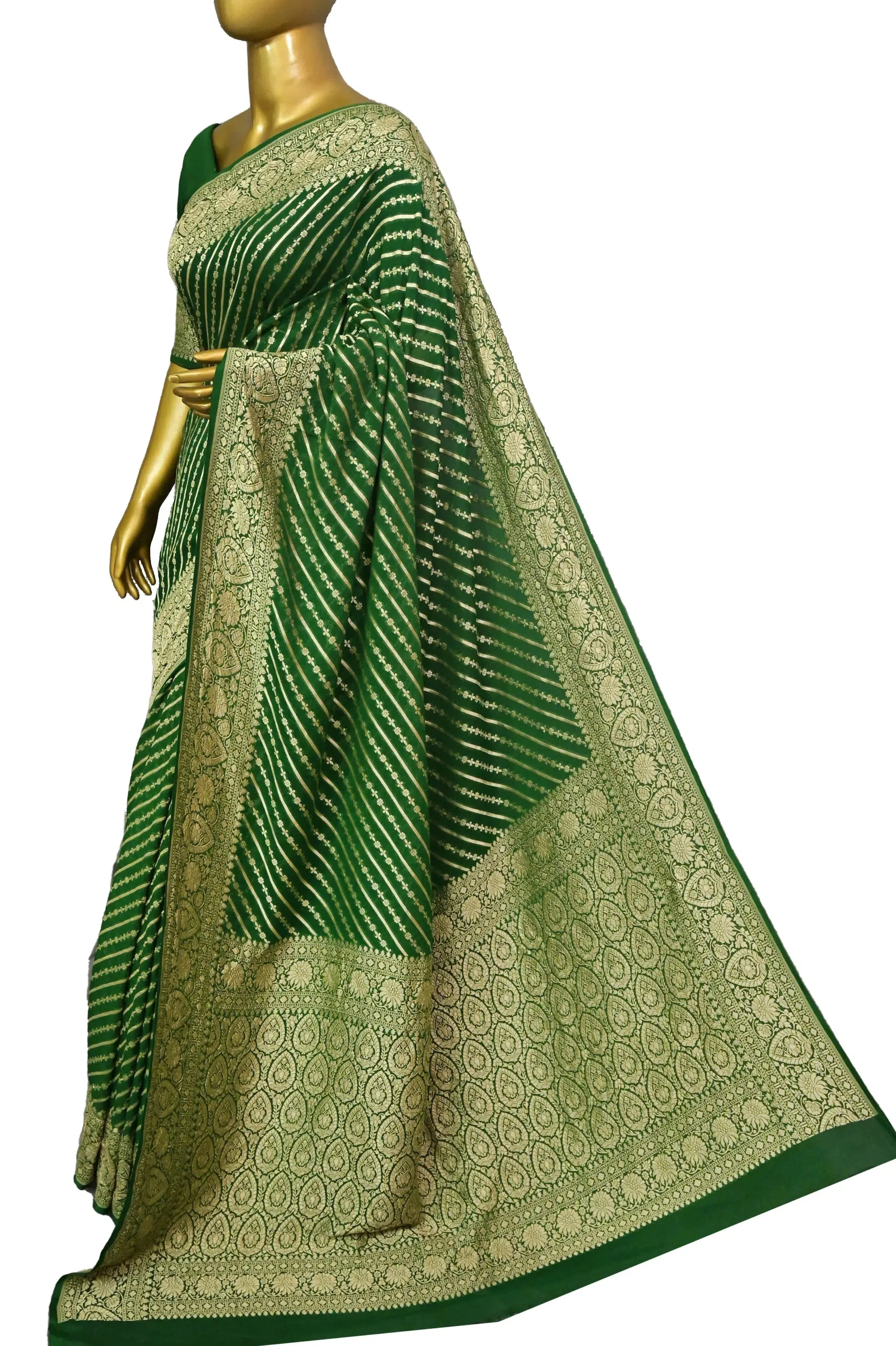 Deep Green Color Pure Khaddi Georgette Banarasi Saree with Leheriya Design Zari Work