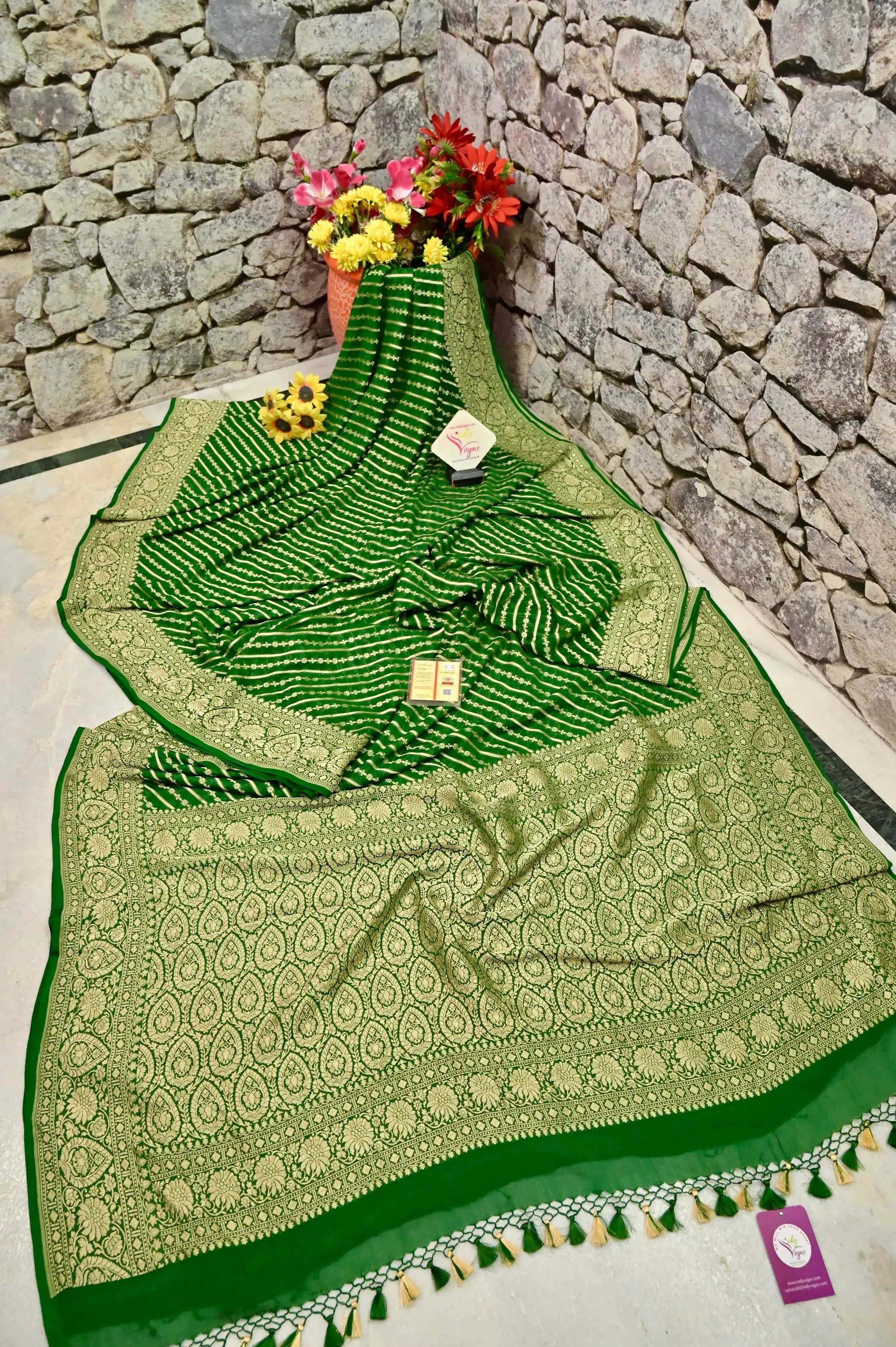 Deep Green Color Pure Khaddi Georgette Banarasi Saree with Leheriya Design Zari Work