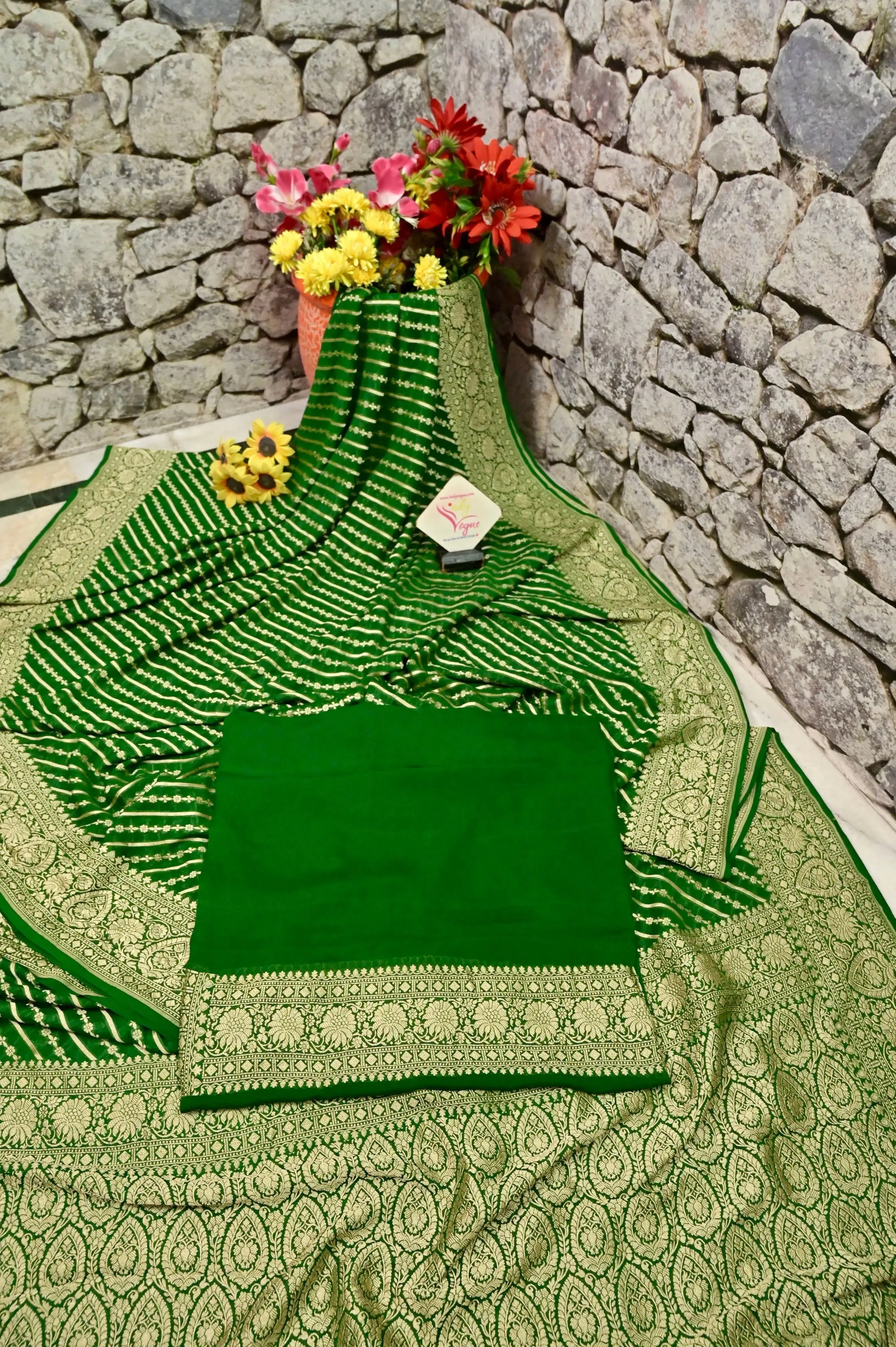 Deep Green Color Pure Khaddi Georgette Banarasi Saree with Leheriya Design Zari Work