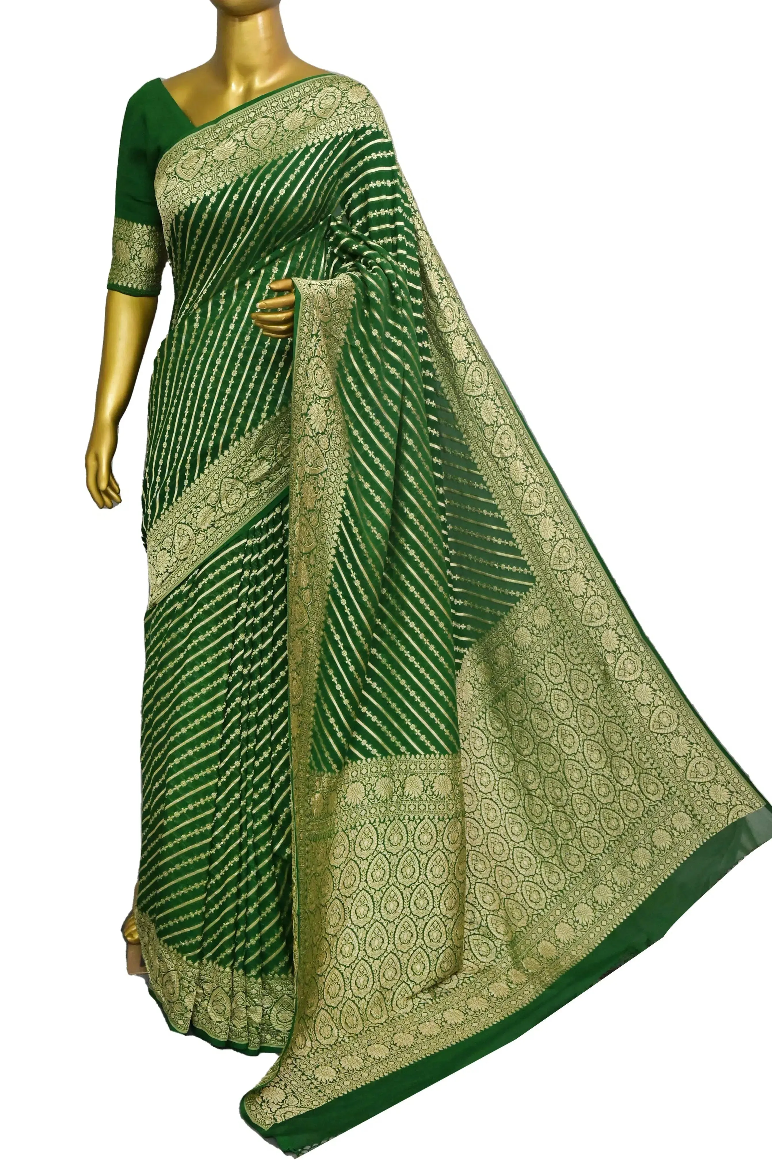 Deep Green Color Pure Khaddi Georgette Banarasi Saree with Leheriya Design Zari Work