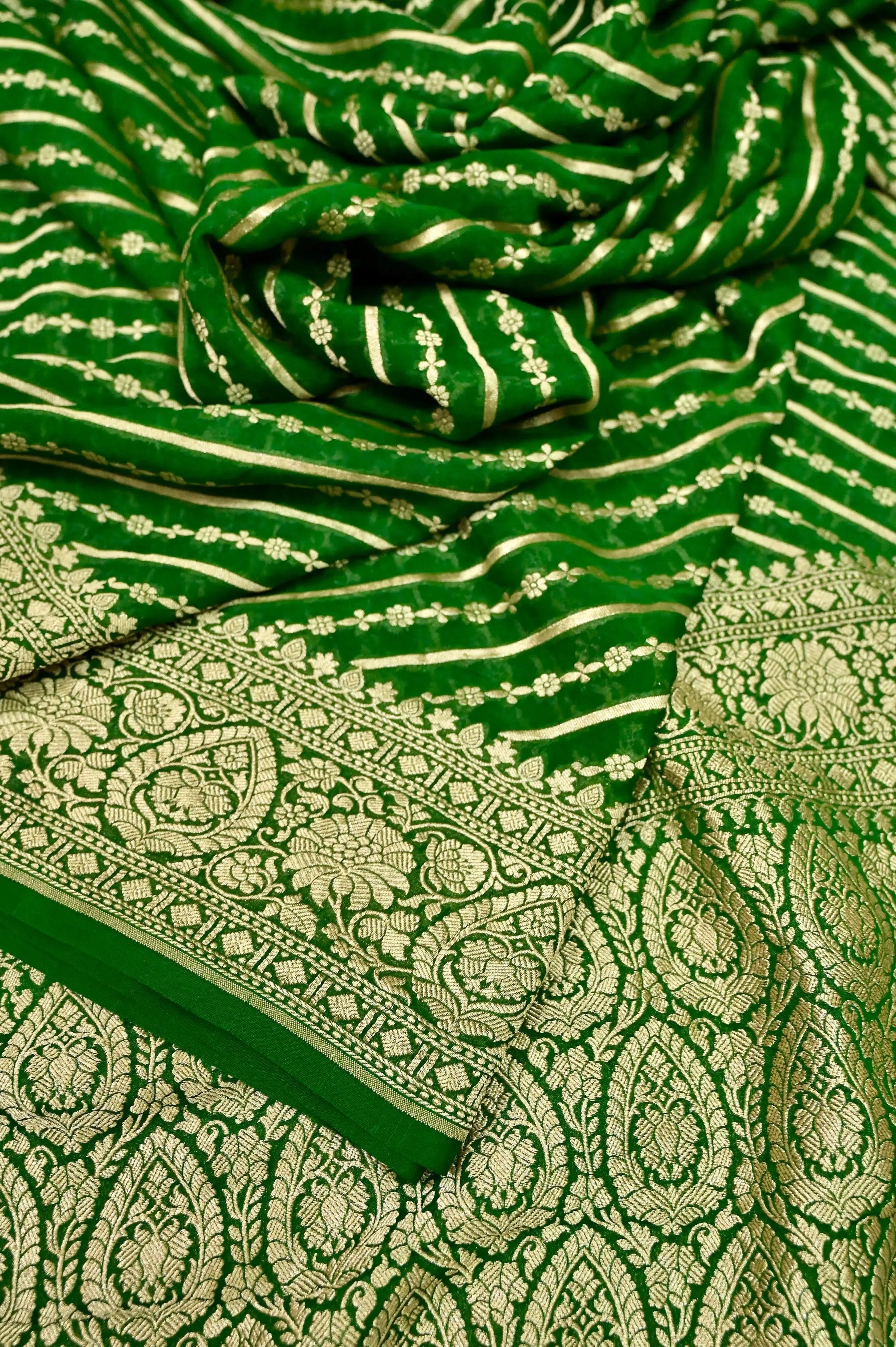 Deep Green Color Pure Khaddi Georgette Banarasi Saree with Leheriya Design Zari Work