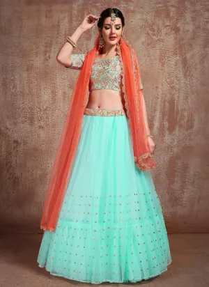 Delightful Sky Blue Color Soft Net Base Flared Lehenga Choli