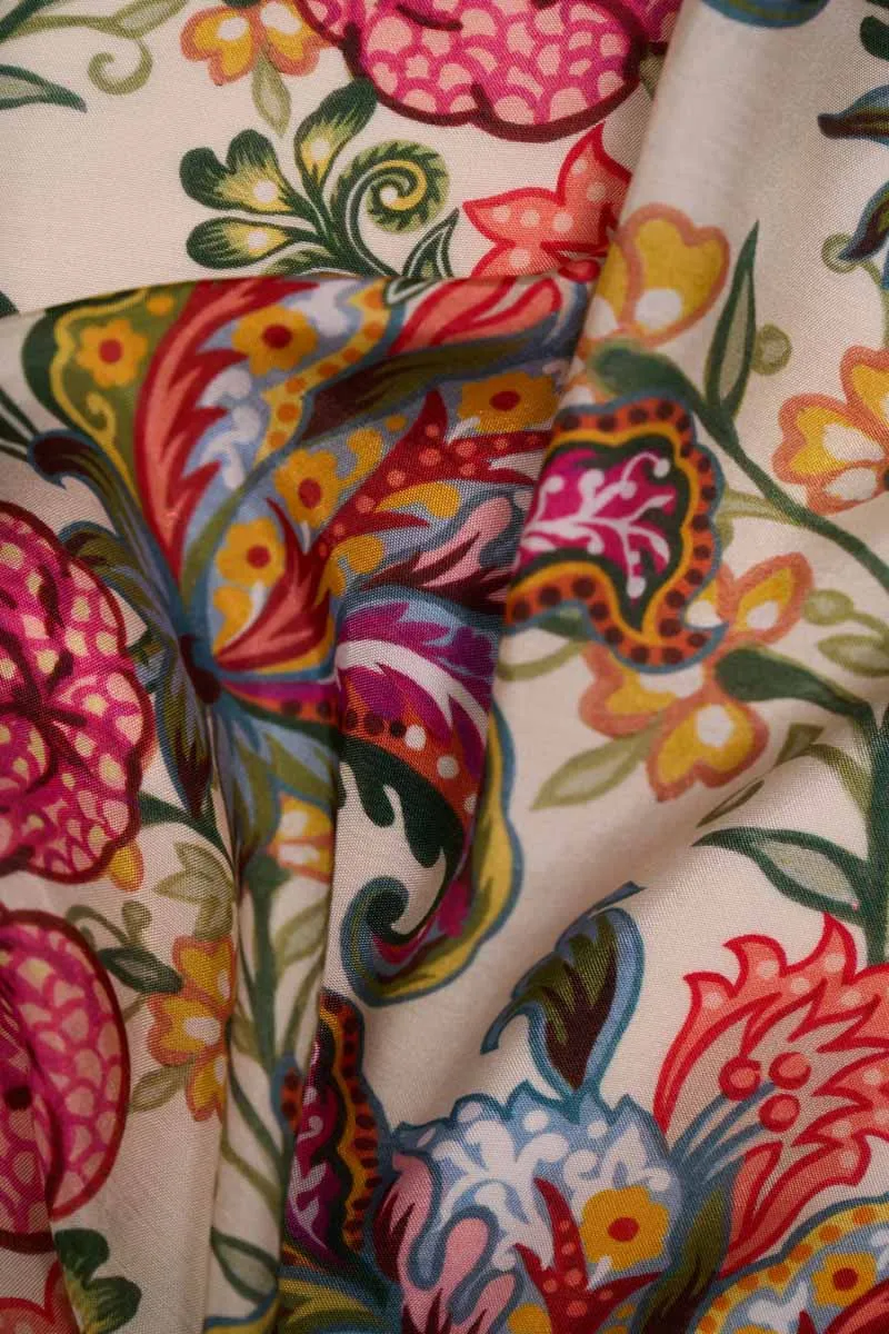 Detailed Floral Pattern Printed Natural Muslin Silk Fabric