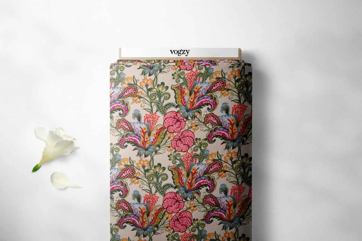 Detailed Floral Pattern Printed Natural Muslin Silk Fabric