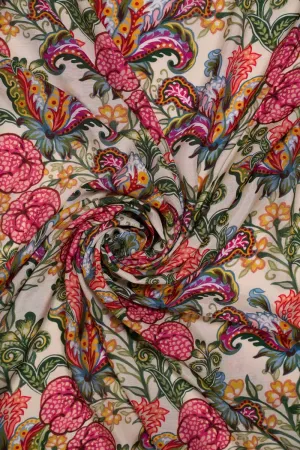 Detailed Floral Pattern Printed Natural Muslin Silk Fabric